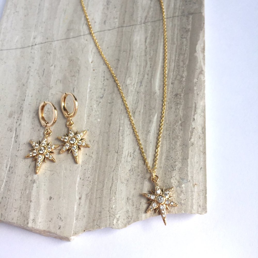 CZ stone Gold Starburst huggie Earrings - Picture 5 of 7